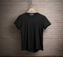 Black t shirt mockup with brick background ai generate photo