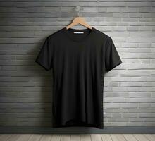 Black t shirt mockup with brick background ai generate photo