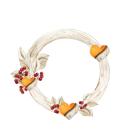 Fall wreath with oranges hearts and ribbons. png