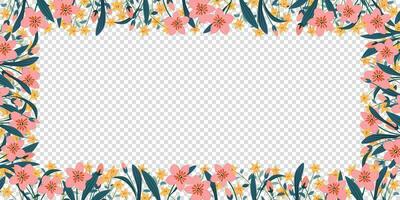 spring frame with pink and yellow flowers, flat lay, top view, copy space vector