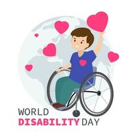 World Disability. Concept of supporting people with disabilities. Disabled person in a wheelchair holding hearts. Modern vector illustration.