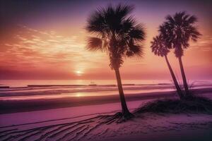 calmante puesta de sol en un tropical playa con palma arboles foto