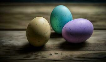 Ethereal Easter Eggs on Rustic Wooden Background photo