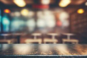 Vintage Metallic Table Top with Blurred Bokeh Bar Interior Background photo