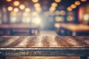 Vintage Metallic Table Top with Blurred Bokeh Bar Interior Background photo