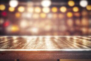 Vintage Metallic Table Top with Blurred Bokeh Bar Interior Background photo