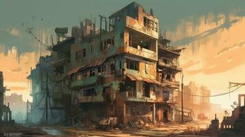 Desolate Future Ruined Cityscape of Futuristic Slums photo