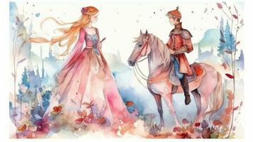 Enchanting Watercolor Illustration of a Fairy Tale Princess and Knight photo