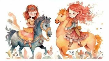 Enchanting Watercolor Illustration of a Princess and Knight in a Fairy Tale Setting photo