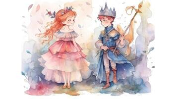 Enchanting Watercolor Illustration of a Fairy Tale Princess and Knight photo