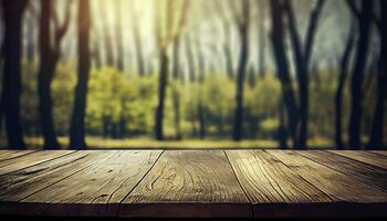 Empty Wooden Table in the Serene Beauty of Spring Forest photo