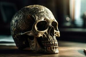 Elegant Engraved Skull Art with Cinematic Flair photo