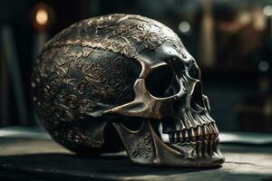 Elegant Engraved Skull Art with Cinematic Flair photo