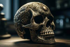 Elegant Engraved Skull Art with Cinematic Flair photo