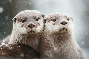 Snowy Otter Family Cuddling in Extreme CloseUp photo