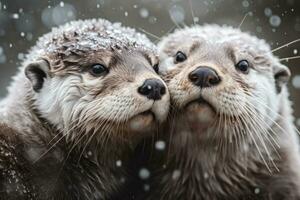 Snowy Otter Family Cuddling in Extreme CloseUp photo
