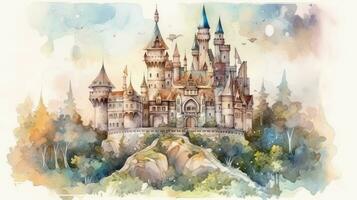 Enchanting Watercolor Illustration of a Fairy Tale Castle with a Prince and Princess photo
