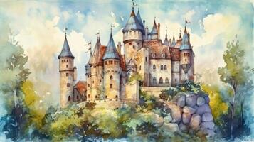 encantador acuarela ilustración de un hada cuento castillo con un Príncipe y princesa foto