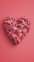 Love Blossoms Red Flowers in Heart Shape on Pink Background Generative AI photo