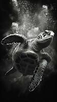 negro y blanco Tortuga en oscuro antecedentes generativo ai foto