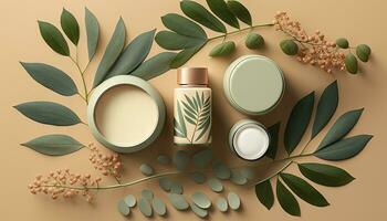 Organic Cosmetic Products on Beige Background Top View of Hand Cream photo