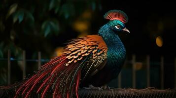 Colorful Paradise Bird with Long Feathered Tail Perched on Fence photo