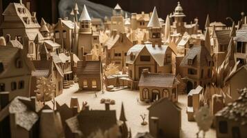 Whimsical Cardboard Village with Snowfall of Cardboard Particles photo