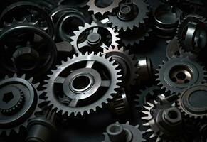 Mechanical Gears in Blurry Detail on Dark Gray Background photo