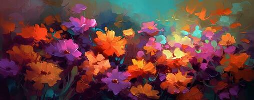 Vibrant Floral Painting on Bright Background in Light Orange and Purple Style photo