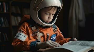 adorable chico leyendo un libro en un astronauta disfraz foto