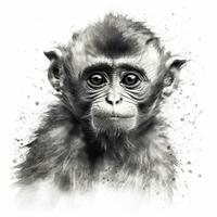 Impressionistic Realistic Blackwork Style of a Cute Monkey on White Background photo