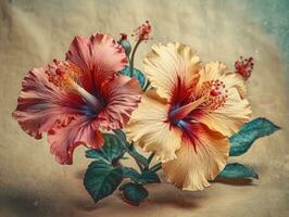 CrossProcessed Hibiscus Flowers on Beige Background photo
