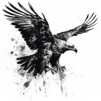 Impressionistic Blackwork Style Flying Eagle on White Background photo