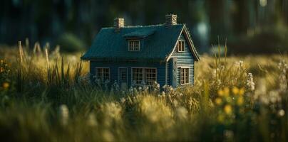 tranquilo verde de madera casa en alto césped foto