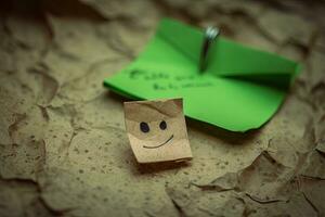 Green Paper Note with Sad Face on Cork Board  Depressed and Unhappy Concept photo