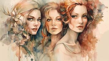 Three Joyful Women in Soft Watercolor Illustration photo