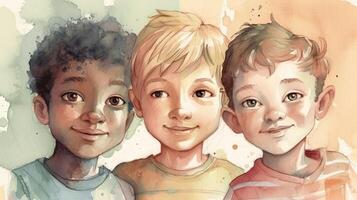 Tres alegre y diverso Niños en un suave acuarela ilustración foto