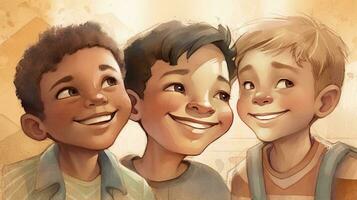 Tres alegre y diverso Niños en un suave acuarela ilustración foto