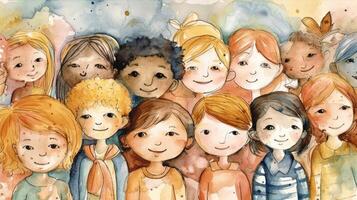 Joyful and Diverse Stick Children in Soft Watercolor Illustration photo