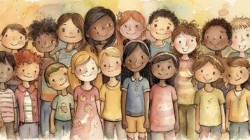 Joyful and Diverse Stick Children in Soft Watercolor Illustration photo