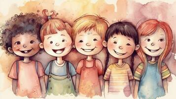 Joyful and Diverse Stick Children in Soft Watercolor Illustration photo