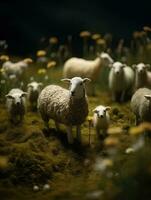 Lambs Grazing on FlowerCovered Hill with Beautiful Lighting photo