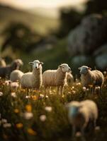Lambs Grazing on FlowerCovered Hill with Beautiful Lighting photo