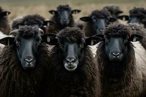 Majestic Black Sheep Herd with a Unique White Sheep in the Center photo