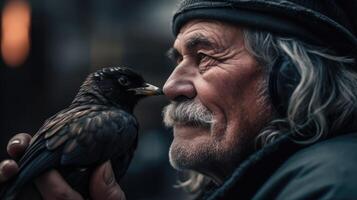 Whispering Secrets Bird Perched on Mans Shoulder photo