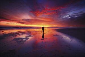 soledad a puesta de sol un solitario figura en un abandonado playa foto