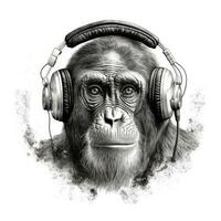 Monkey Jamming Out with Headset in Impressionistic Blackwork Style on White Background photo