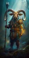 Mystical Ram Warrior with Epic Weapon in a Fantasy Realm photo