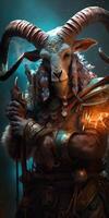 Mystical Ram Warrior with Epic Weapon in a Fantasy Realm photo