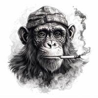 NeoTraditional Monkey Smoking in Impressionistic Blackwork Style on White Background photo